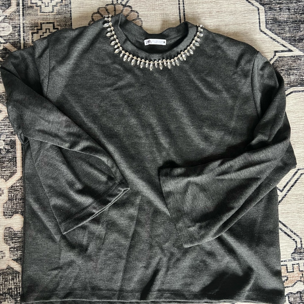 Zara Charcoal Crew Neck Sweater with Beaded Collar